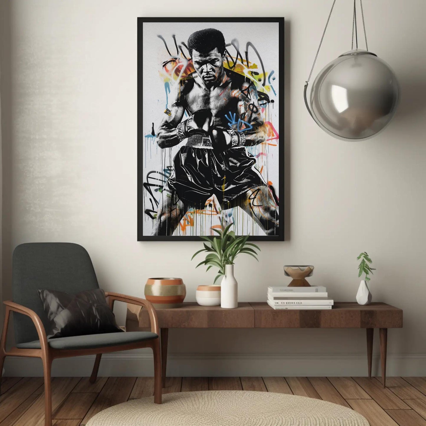 Muhammad Ali Graffiti canvas wall art shown in a living room