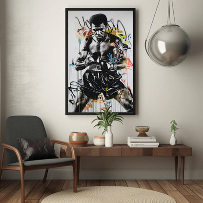 Muhammad Ali Graffiti canvas wall art shown in a living room