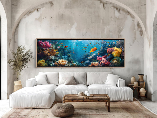 a living room with a large painting on the wall
