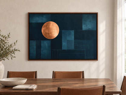 a large abstract painting hanging on a wall above a wooden dining table with four chairs. The painting has a dark blue background with a large orange circle in the center.