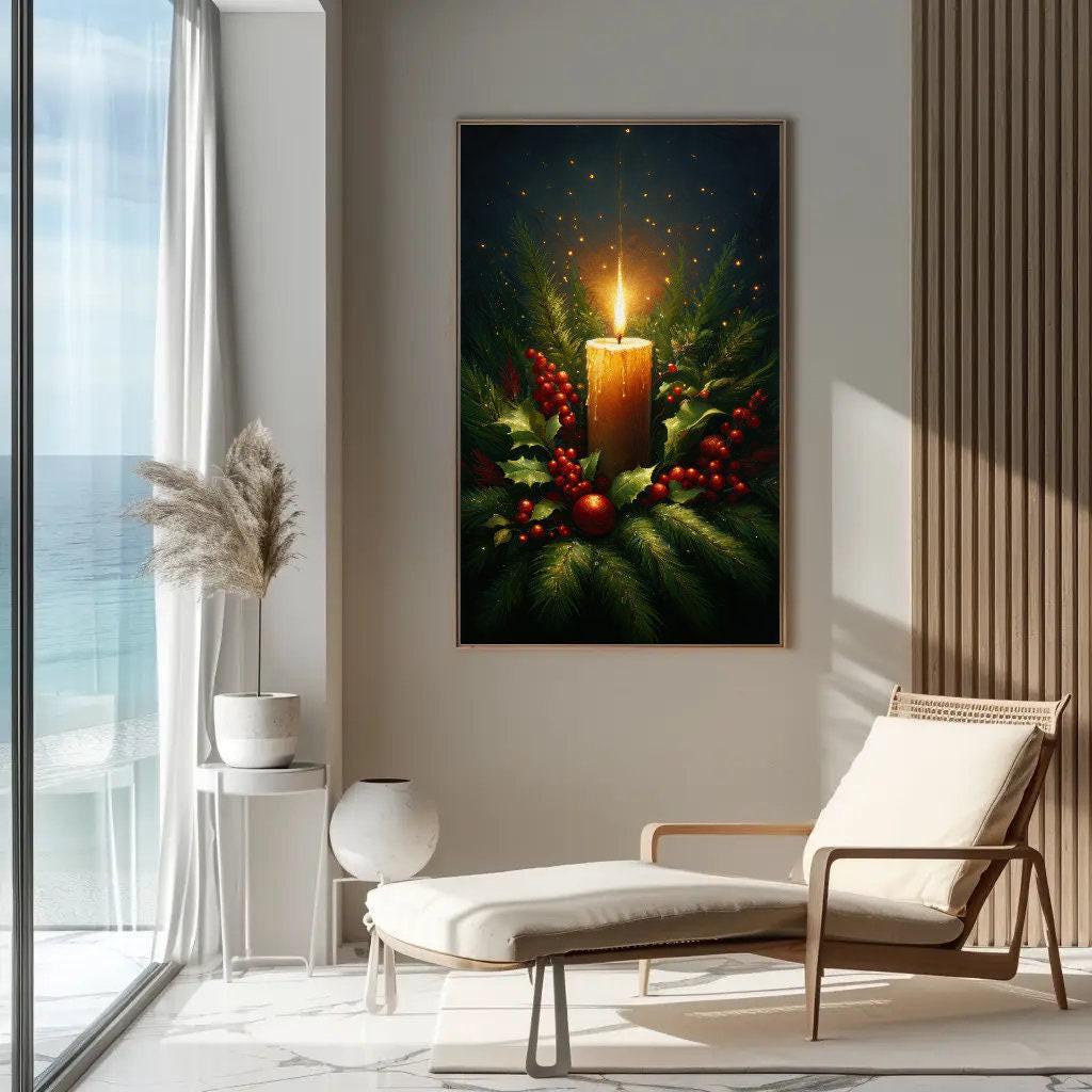 Christmas Candle canvas wall art shown in a styled room