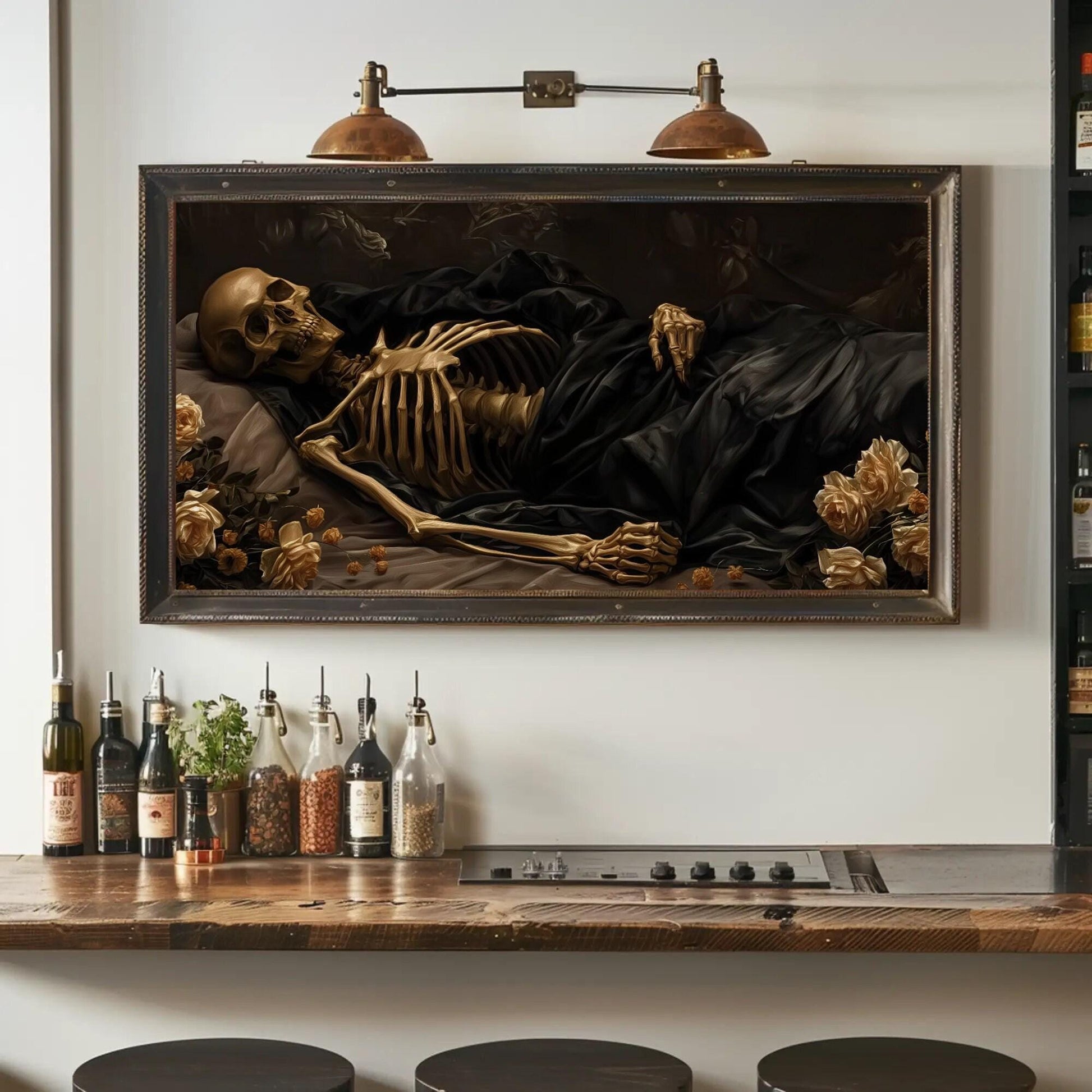 Victorian Sleeping Skeleton Gothic canvas wall art shown in a styled room