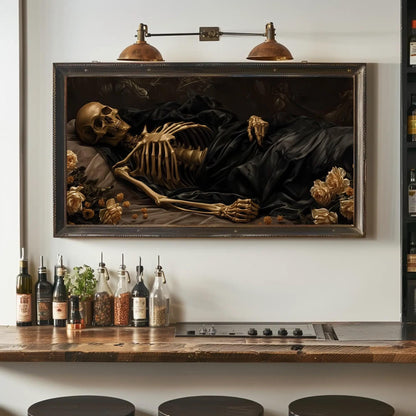Victorian Sleeping Skeleton Gothic canvas wall art shown in a styled room