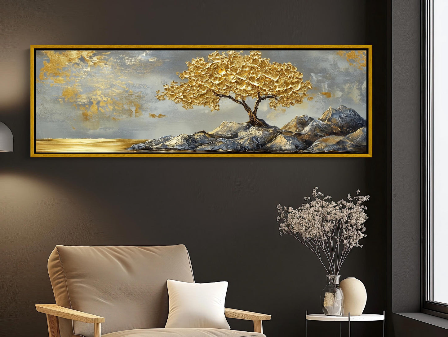 Gold Tree Canvas Print, Metallic Wall Art with Textured Landscape & Panoramic Design