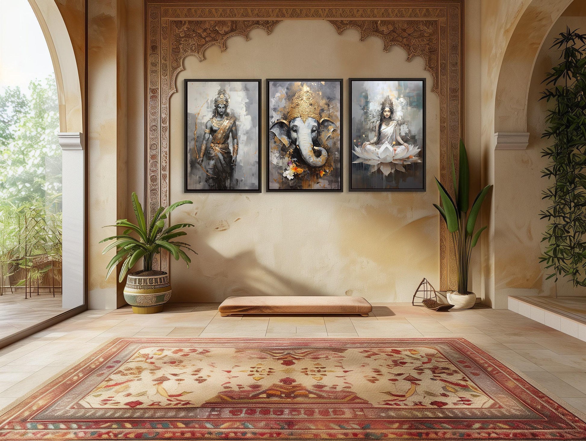 a living room with a rug and paintings on the wall