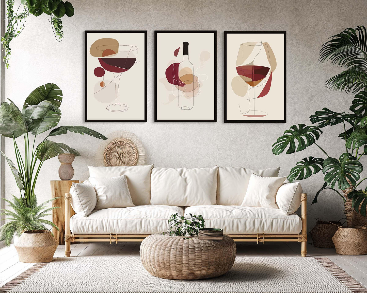 Boho Wine Glass Prints canvas wall art shown in a living room (view 2)