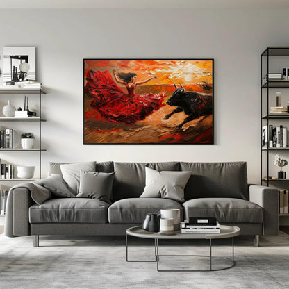 Flamenco dancer and bull canvas wall art in a room setting