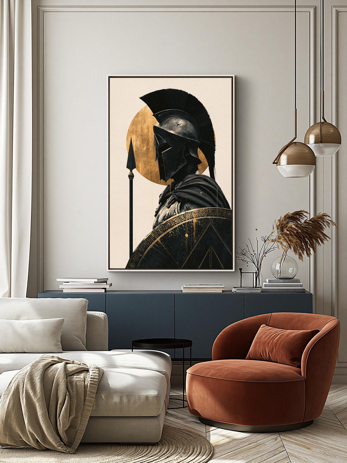 Spartan warrior in gold canvas wall art, living room with a large framed artwork of a warrior on the wall, a sofa, a round