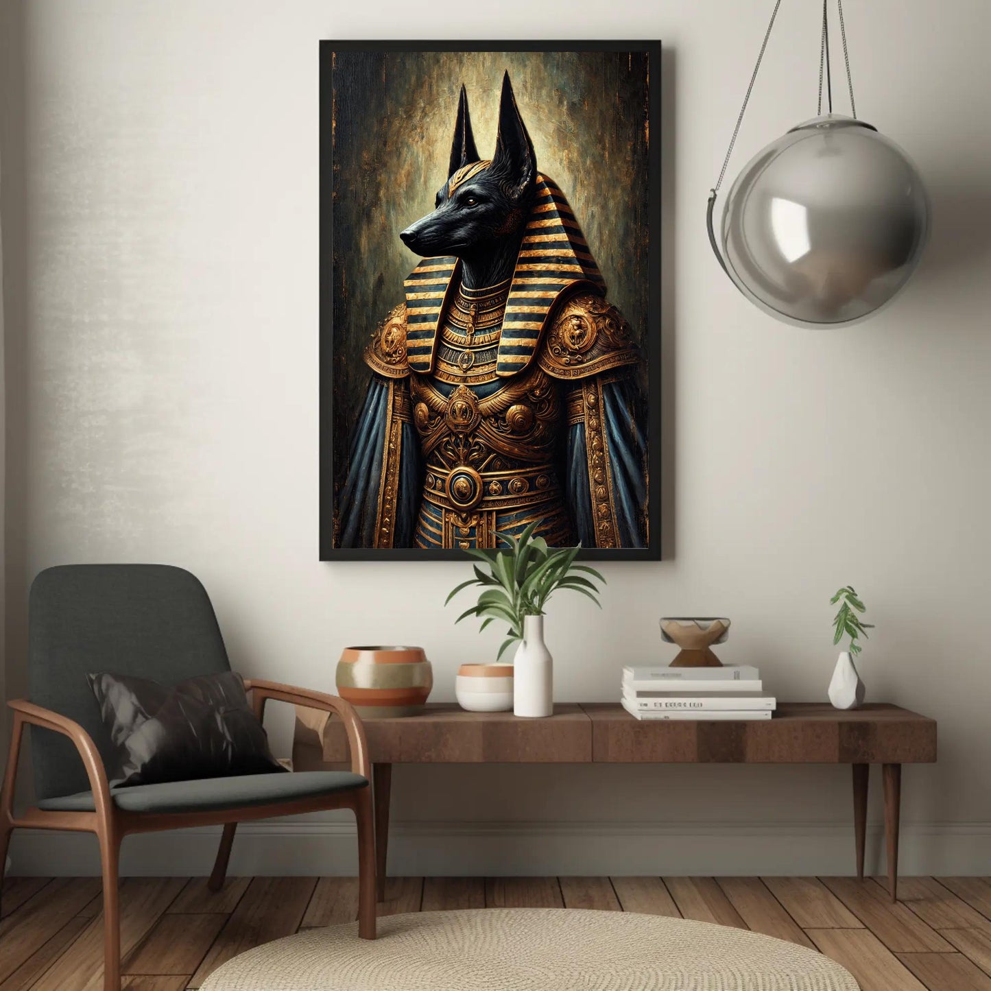 Anubis canvas wall art shown in a styled interior