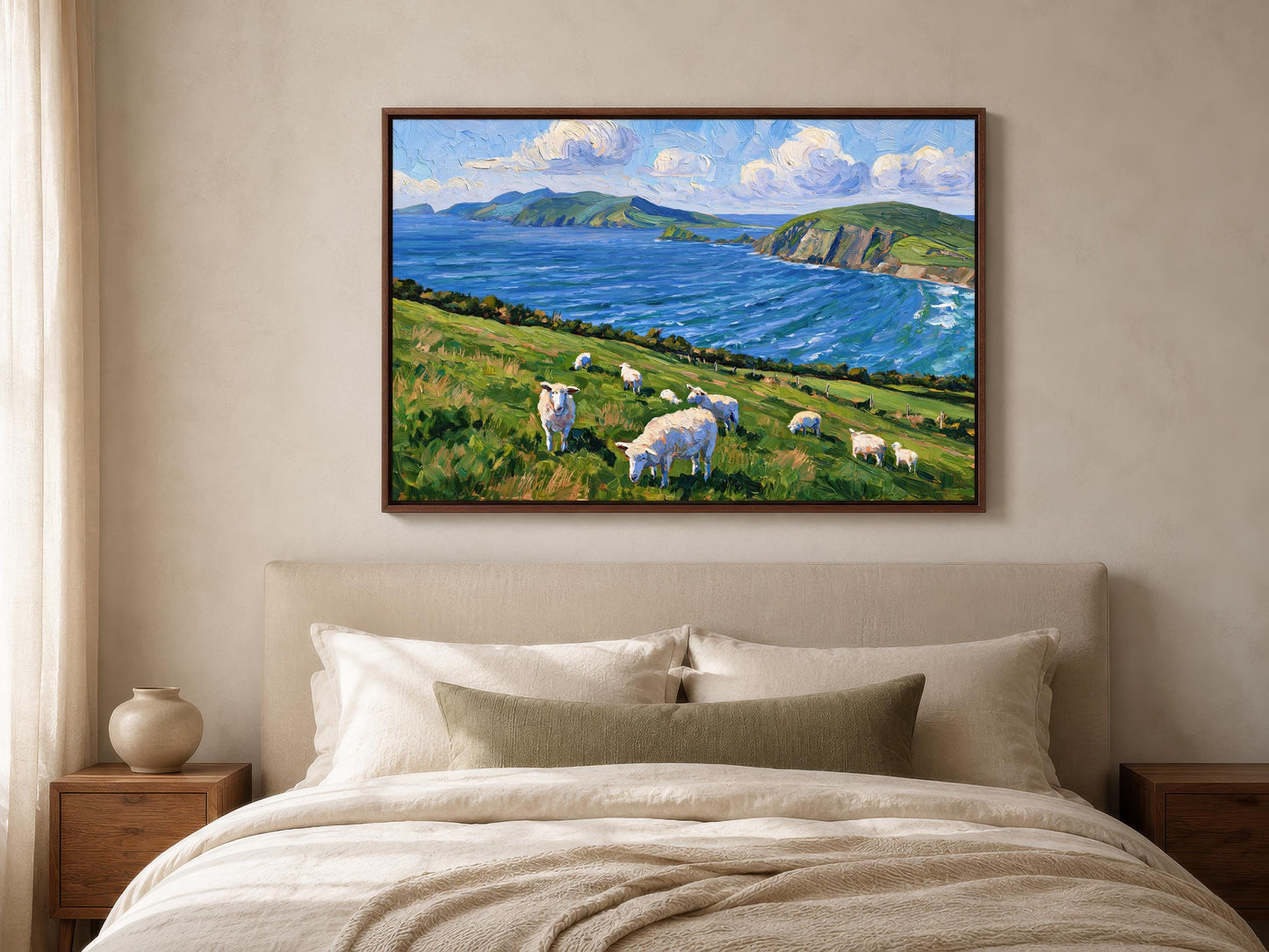 a large painting of a pastoral scene with a group of sheep grazing on a grassy hillside overlooking a body of water.