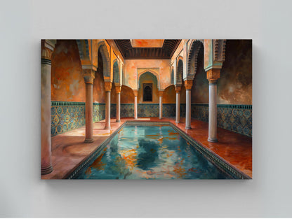 Moroccan Bath House canvas wall art shown in a styled room