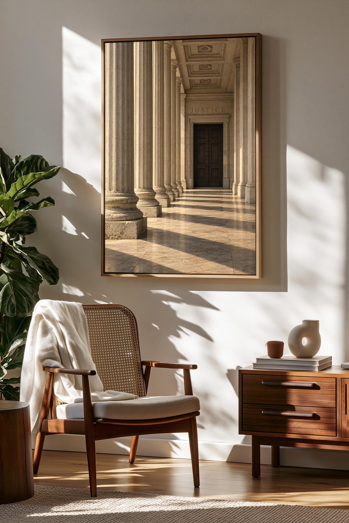 a serene indoor setting with a wooden chair, a wooden side table, and a framed picture of a classical architectural hallway.