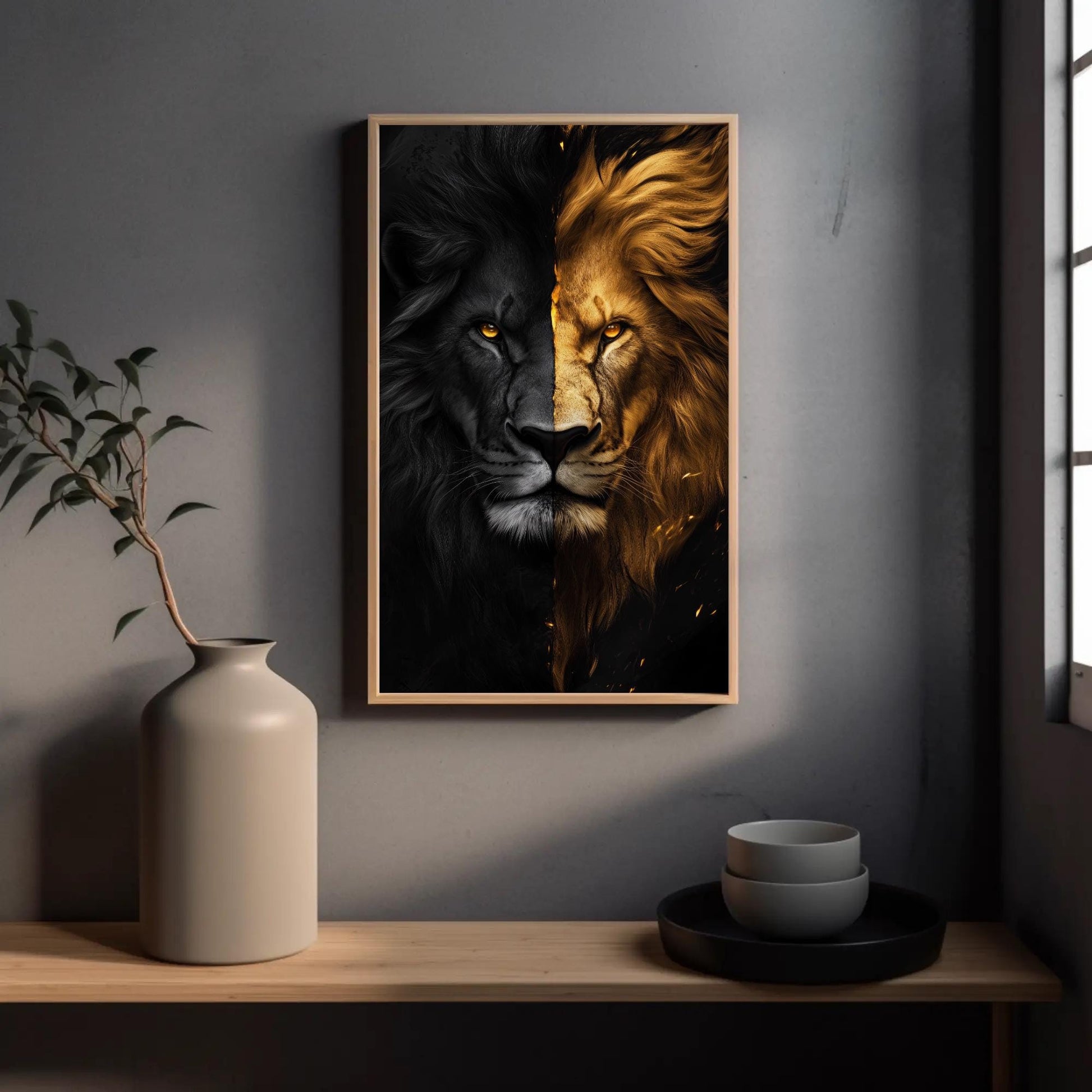 Black and Gold Lion canvas wall art shown in a styled room (view 3)