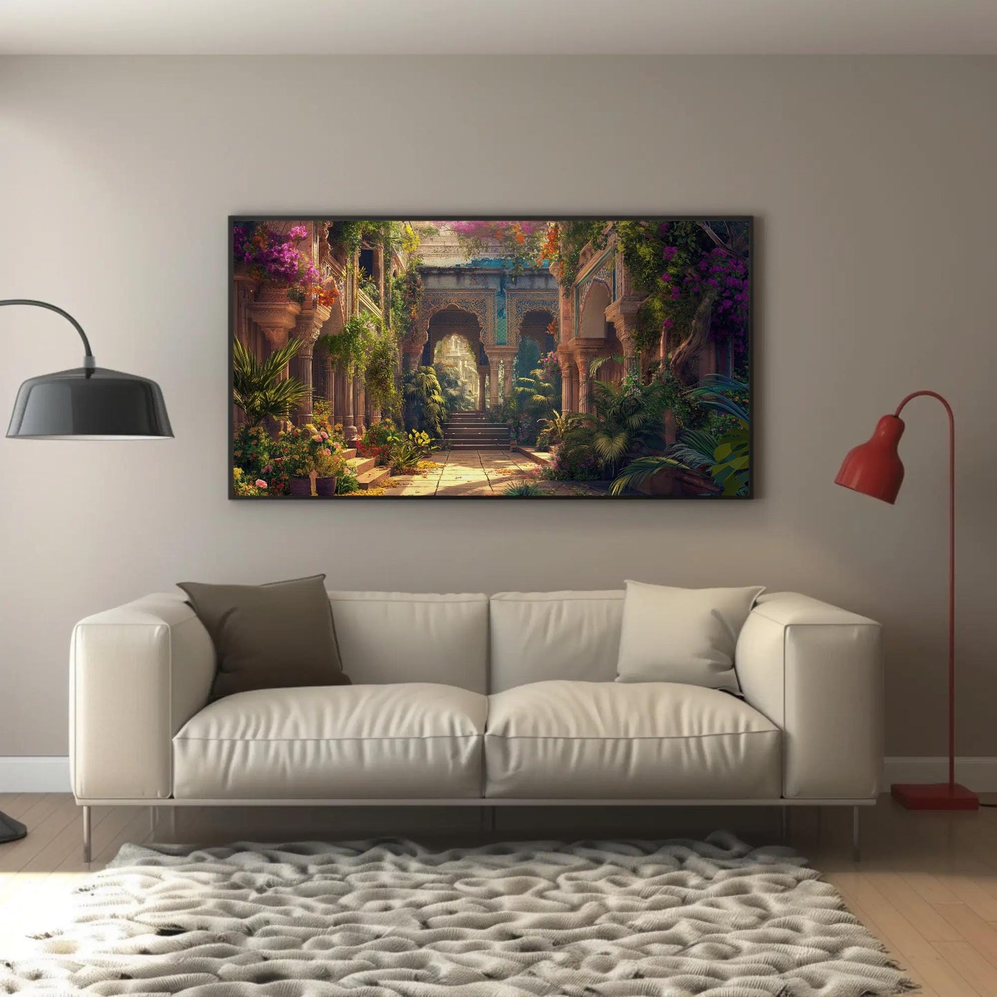 Indian Palace , Rajasthani Haveli canvas wall art shown in a living room