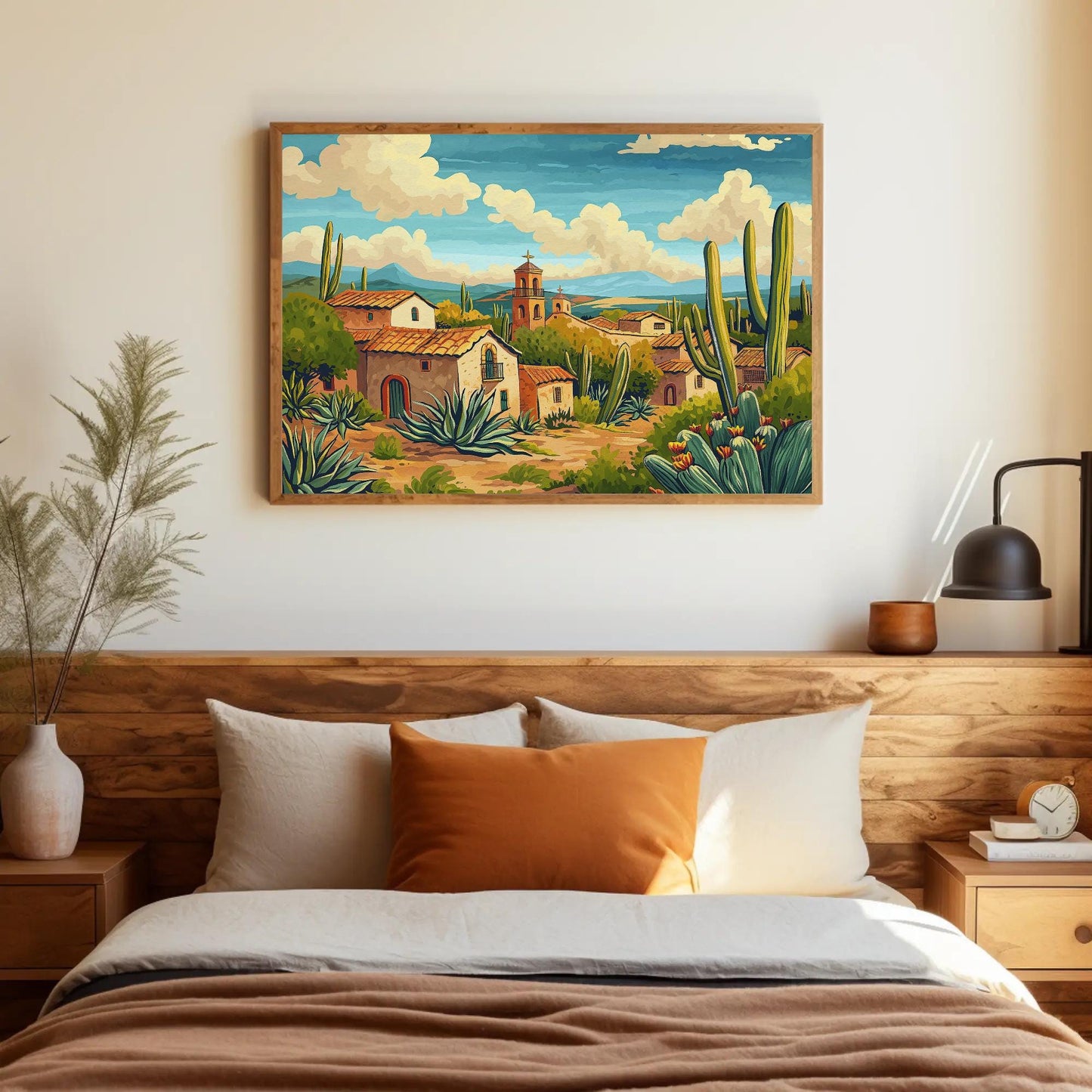 Mexican Desert canvas wall art shown above a bed