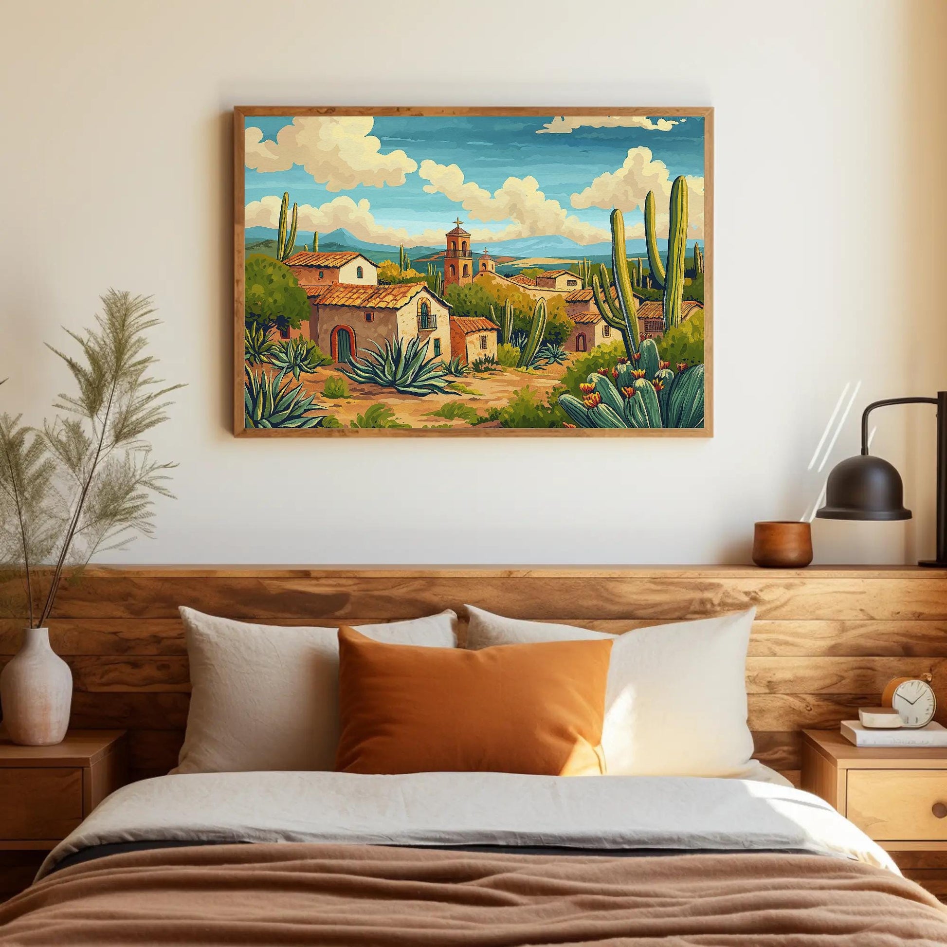 Mexican Desert canvas wall art shown above a bed
