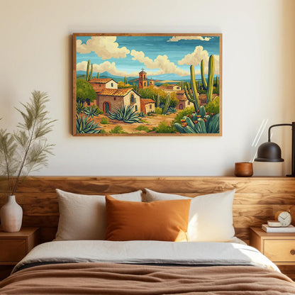 Mexican Desert canvas wall art shown above a bed