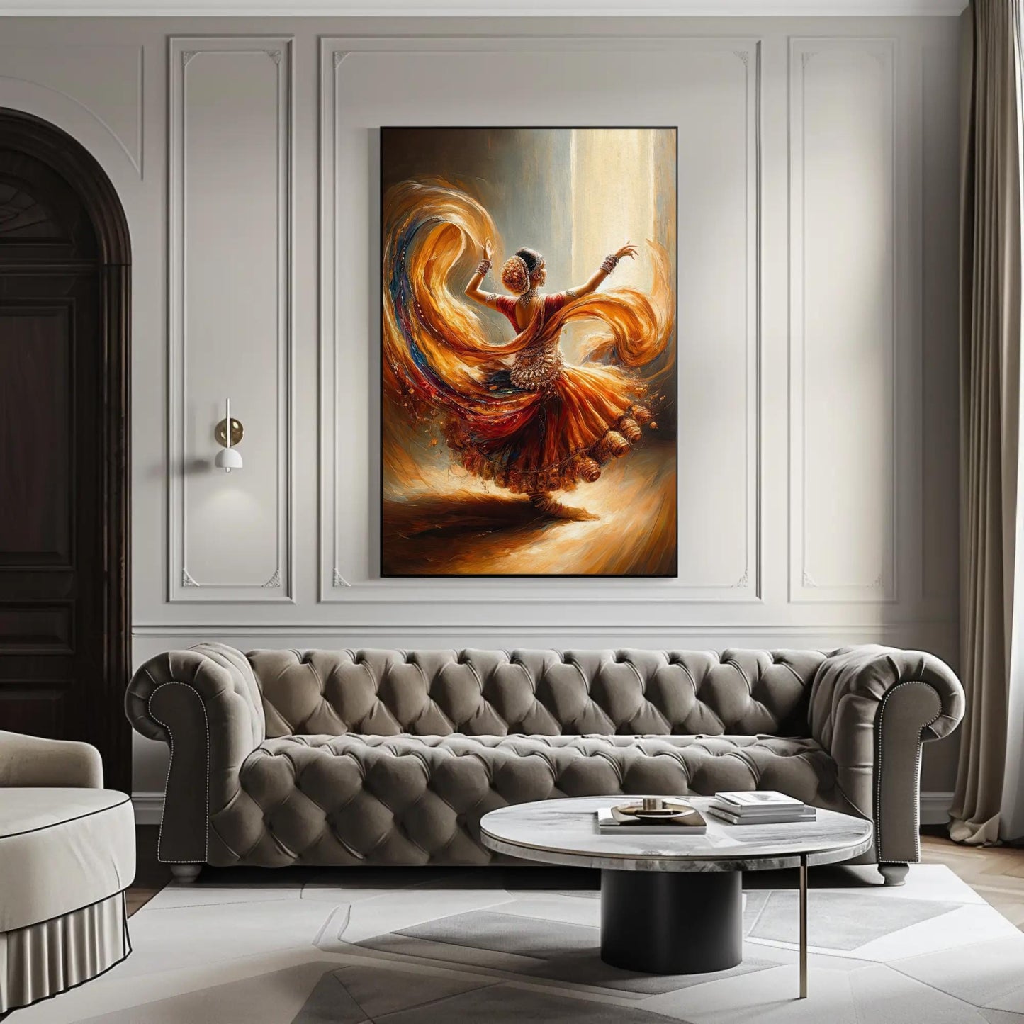 Indian Dancer Oil Painting canvas wall art shown in a living room