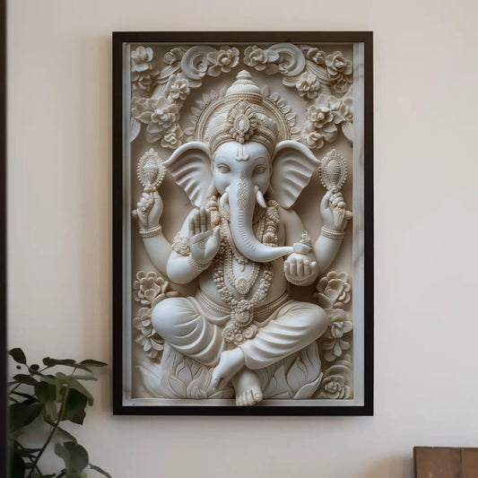 Ganesha Statue Canvas – 3D Illusion Framed Wall Art | Spiritual Home Decor