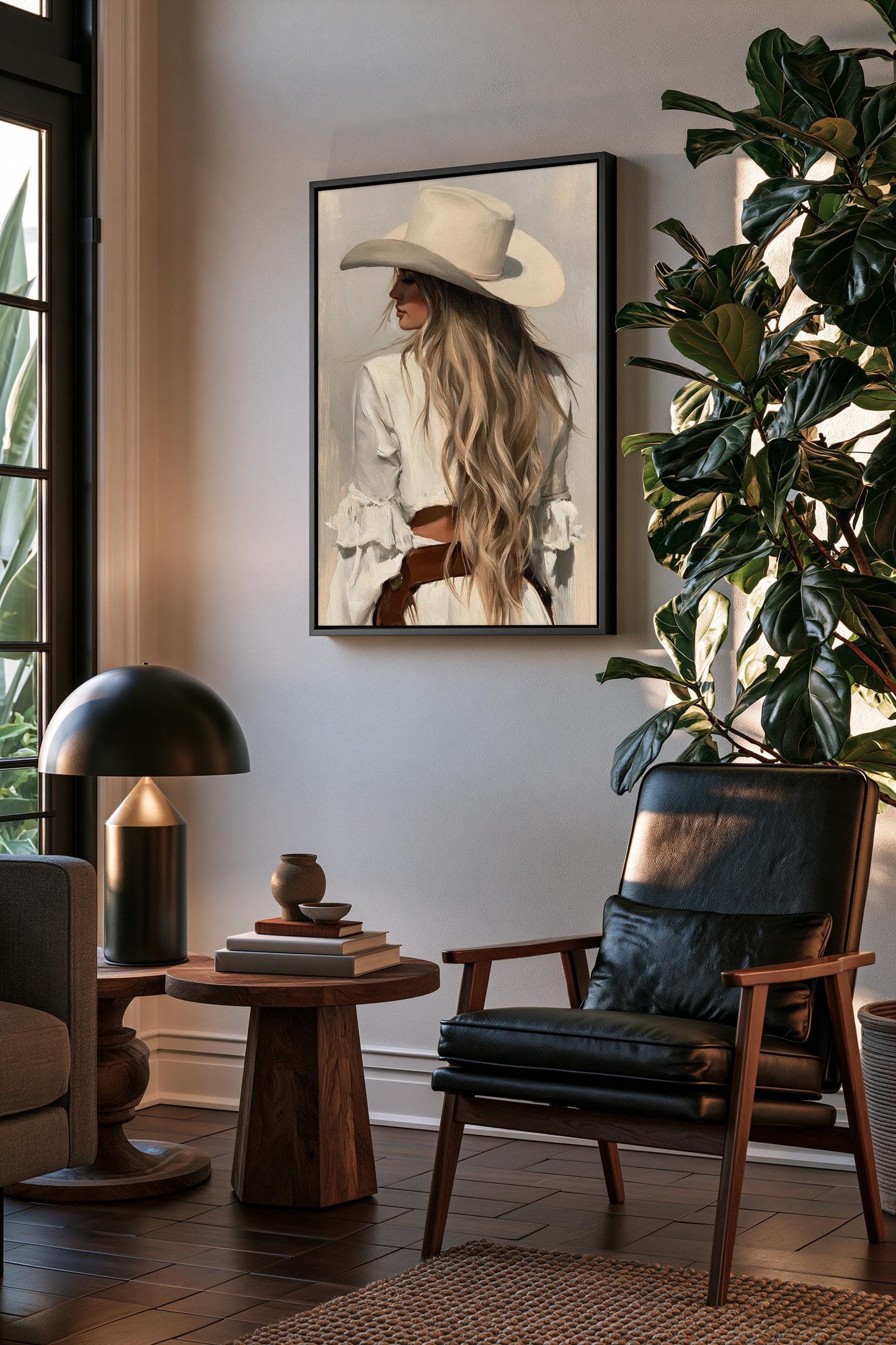 a woman with long blonde hair wearing a white hat, standing in a room with a wooden table, a black leather chair, and a large potted plant.