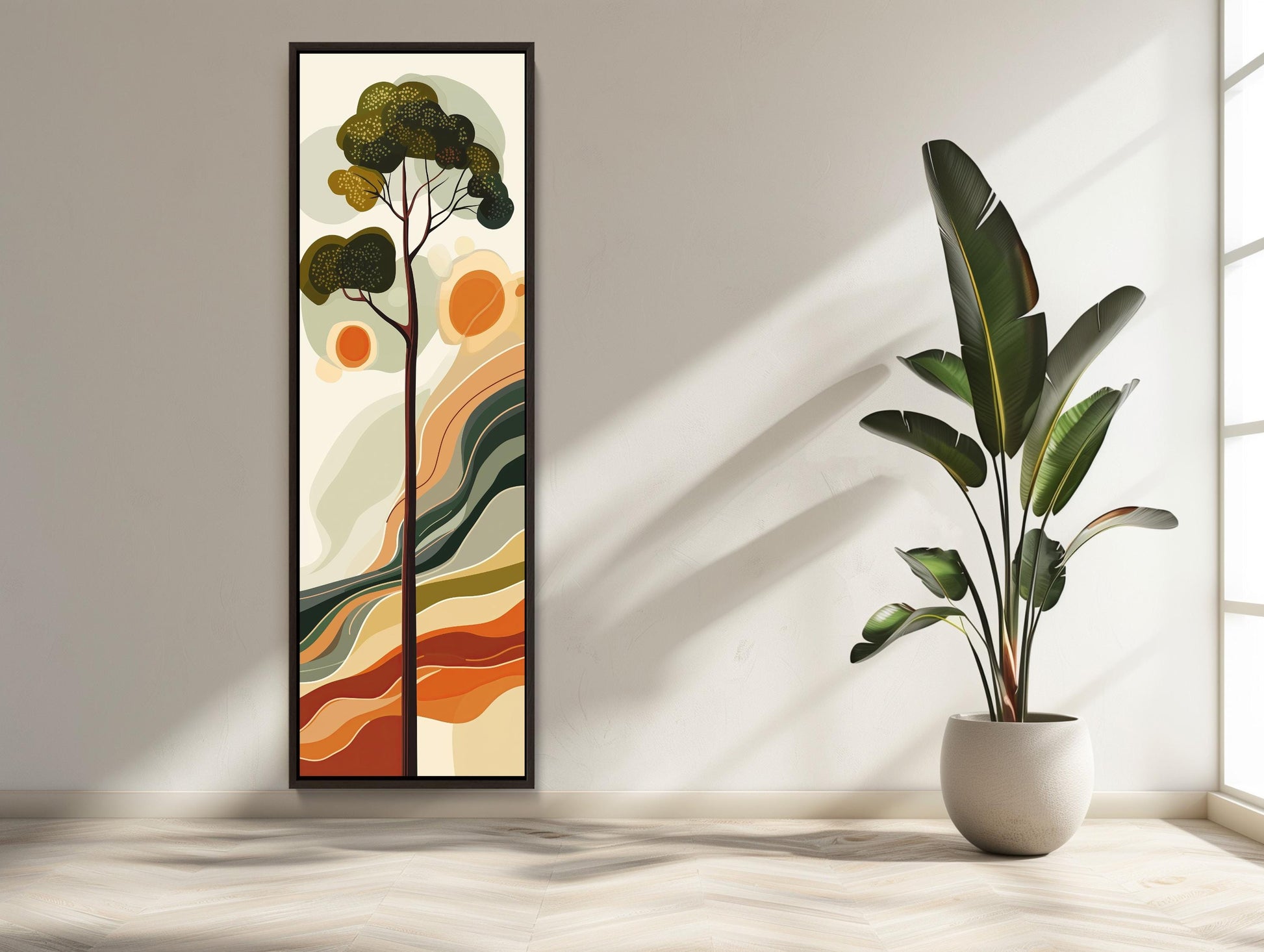 a large abstract painting hanging on a white wall, with a potted plant placed next to it on a wooden floor.