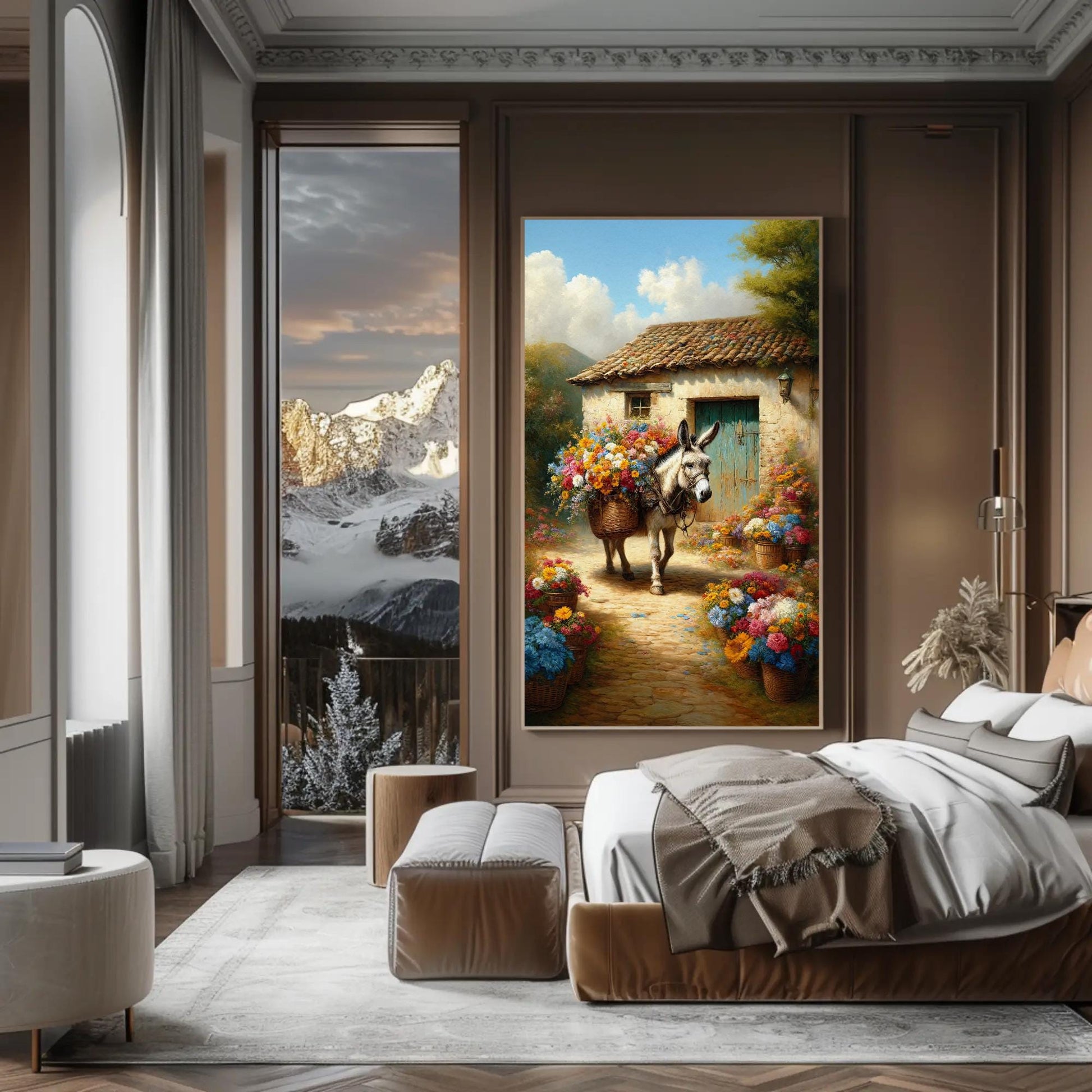 Mexican Donkey canvas wall art shown in a bedroom