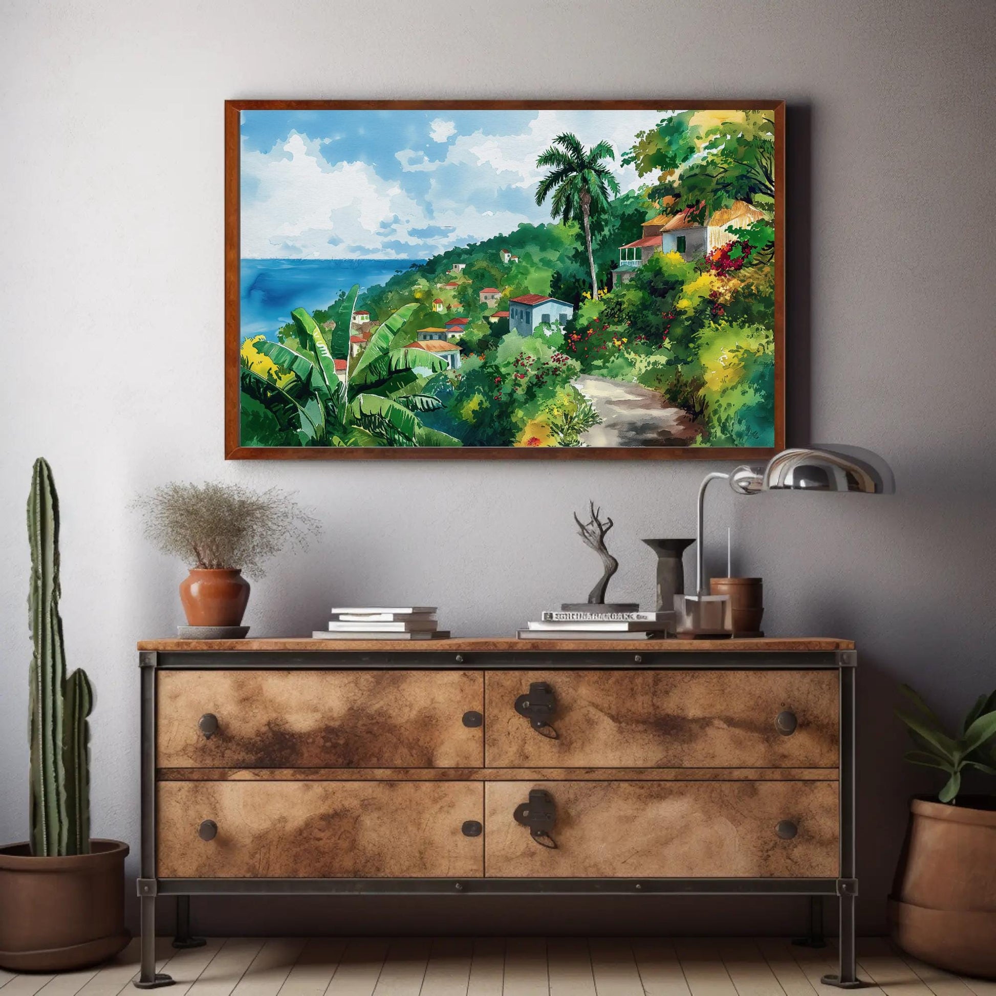 Jamaica , Caribbean Tropical Seascape canvas wall art shown in a styled room