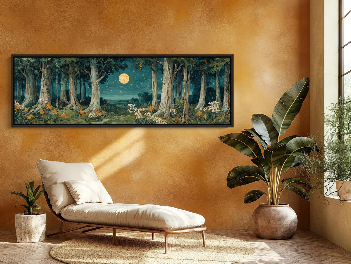 Moonlit storybook forest canvas wall art, serene indoor setting with a large painting of a forest scene hanging on the wall