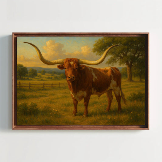 a painting of a bull with long horns in a field