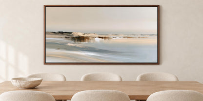 a large, framed painting of a serene landscape hanging on a wall above a wooden dining table with four white chairs.