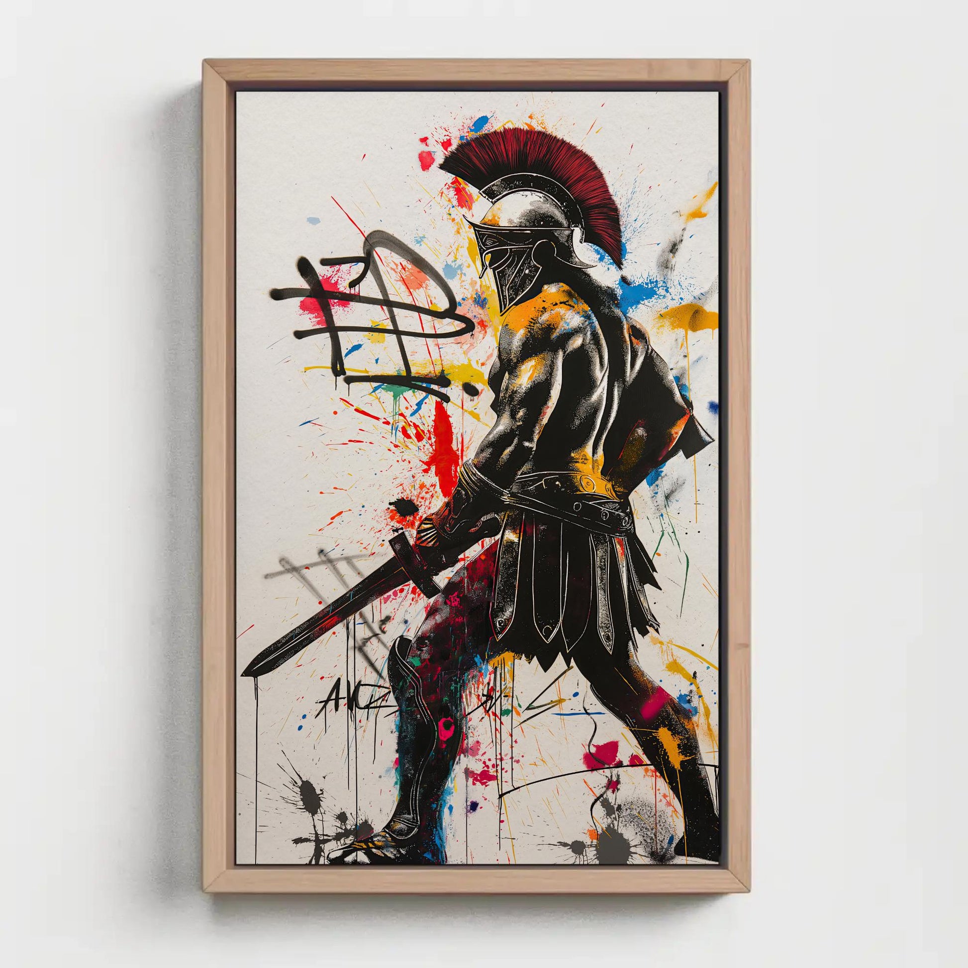 Greek Warrior canvas wall art shown in a styled room