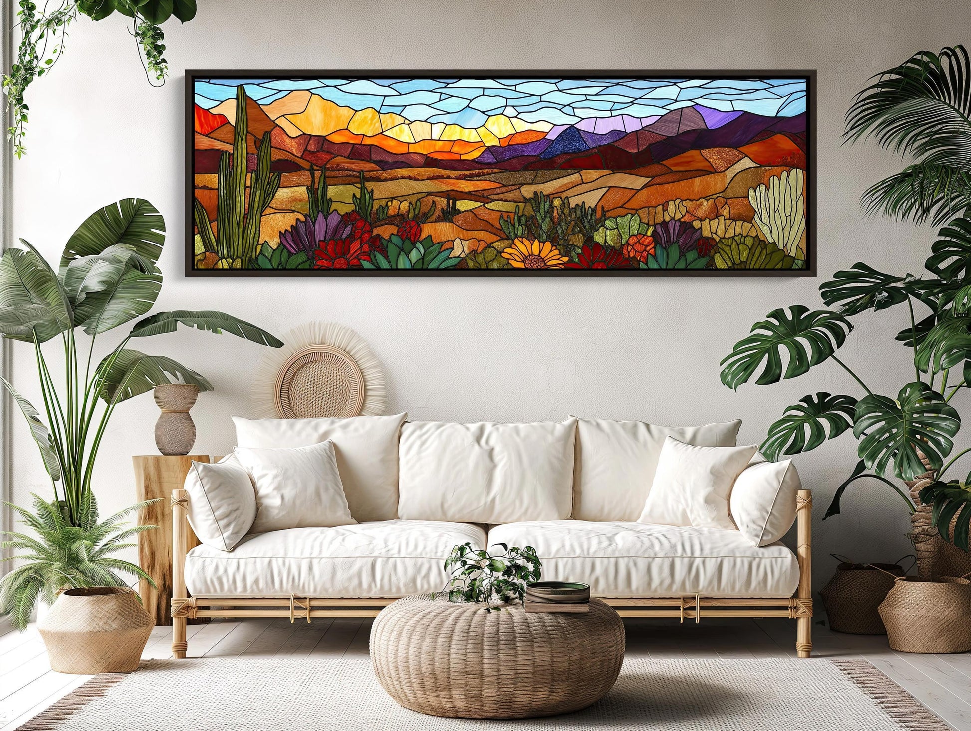 Agave Desert , Stained Glass Southwest canvas wall art shown in a living room