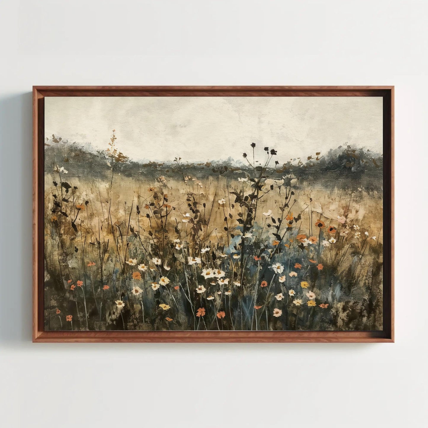 Wildflower Field , Moody Botanical Landscape Art canvas wall art shown in a styled room