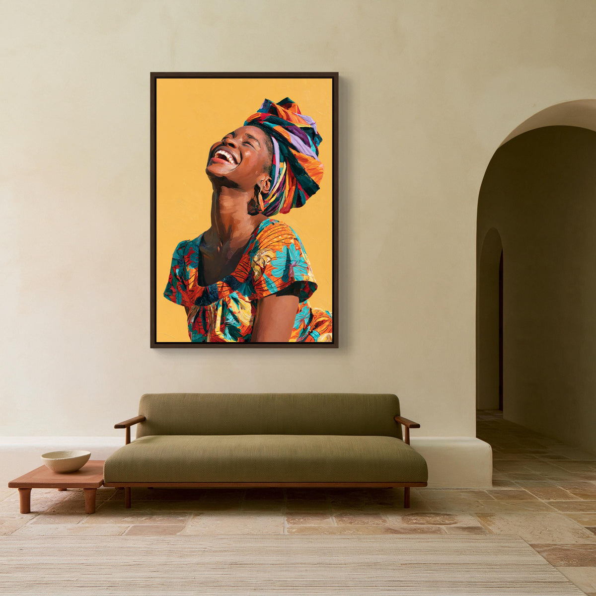Laughing African woman canvas wall art, joyful woman in a colorful head wrap on mustard yellow