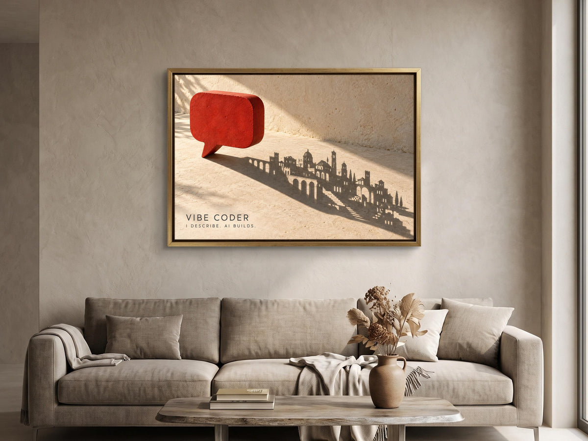 a framed artwork depicting a city skyline with a red speech bubble in the foreground.