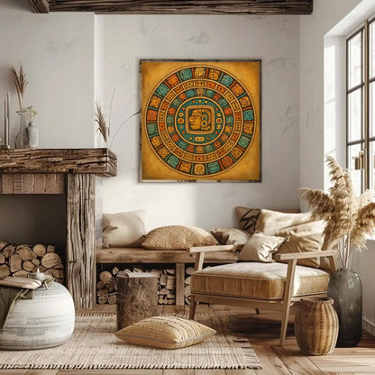 Mayan Calendar canvas wall art shown in a living room