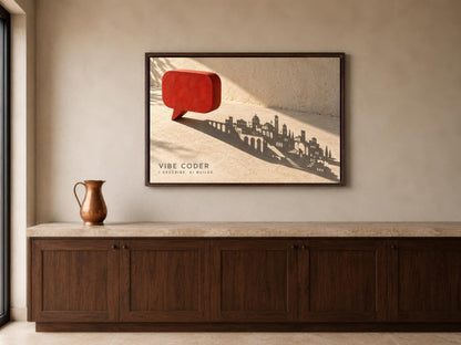 a framed artwork of a red speech bubble on a wall, with a cityscape silhouette below it.
