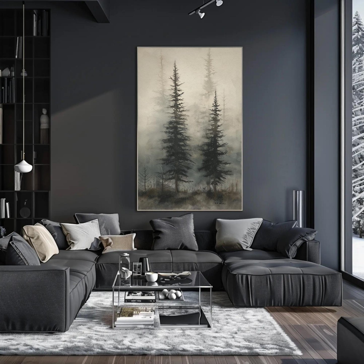 Foggy Pine Forest , Misty Woodland canvas wall art shown in a living room