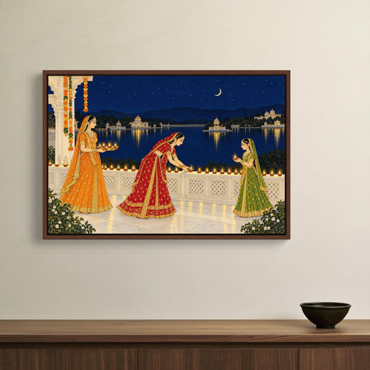 Diwali canvas wall art, three Rajasthani women lighting diyas on a marble terrace by a lit lake palace
