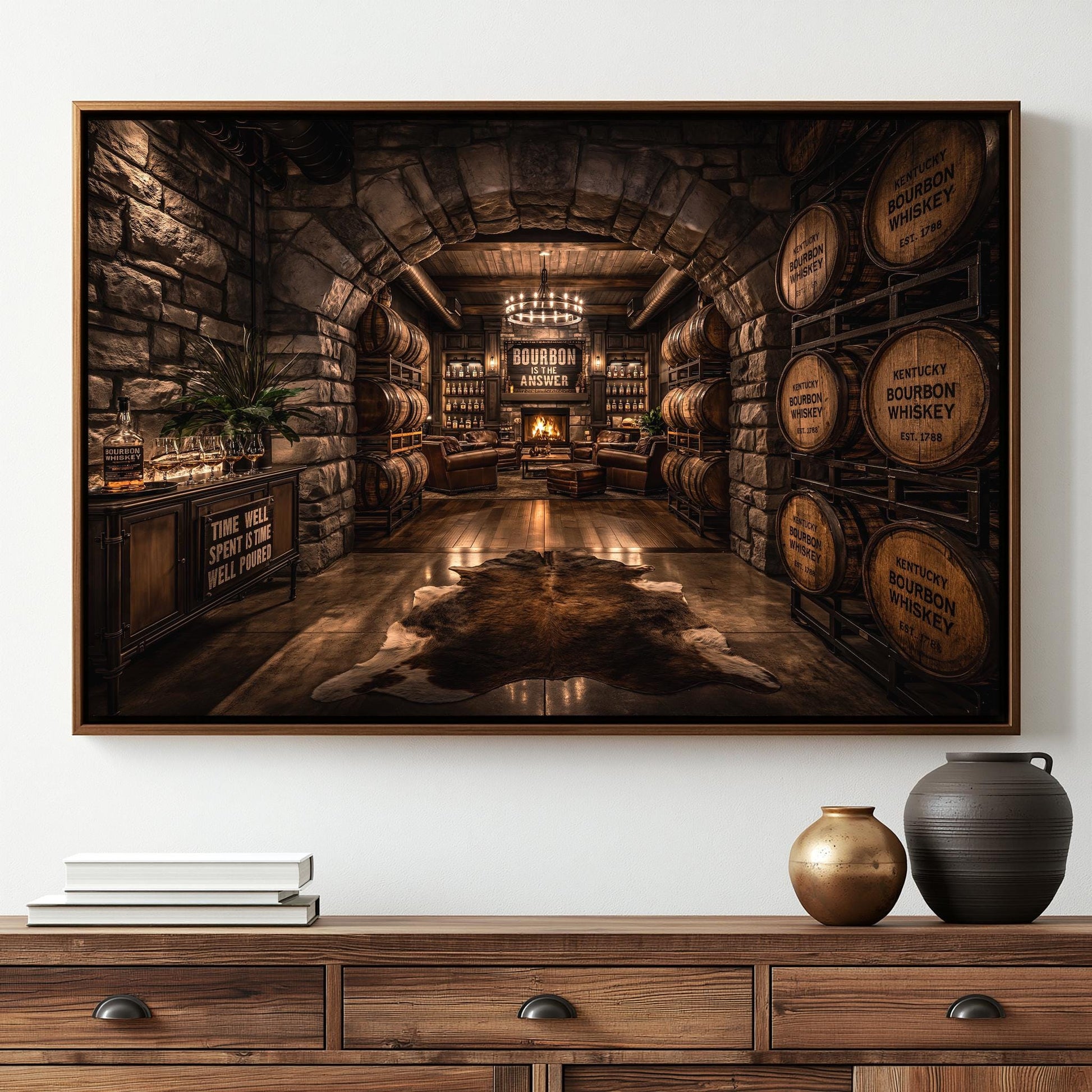 a rustic, old-fashioned whiskey distillery with numerous wooden barrels lining the walls and a large archway leading to a room filled with barrels and barrels.