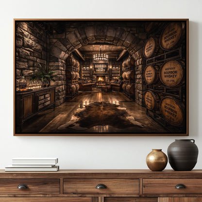a rustic, old-fashioned whiskey distillery with numerous wooden barrels lining the walls and a large archway leading to a room filled with barrels and barrels.