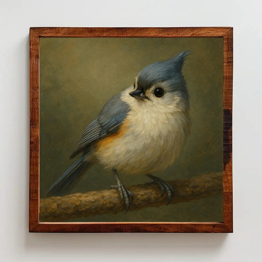 A painting of a small bird perched on a branch, with a wooden frame around the artwork.