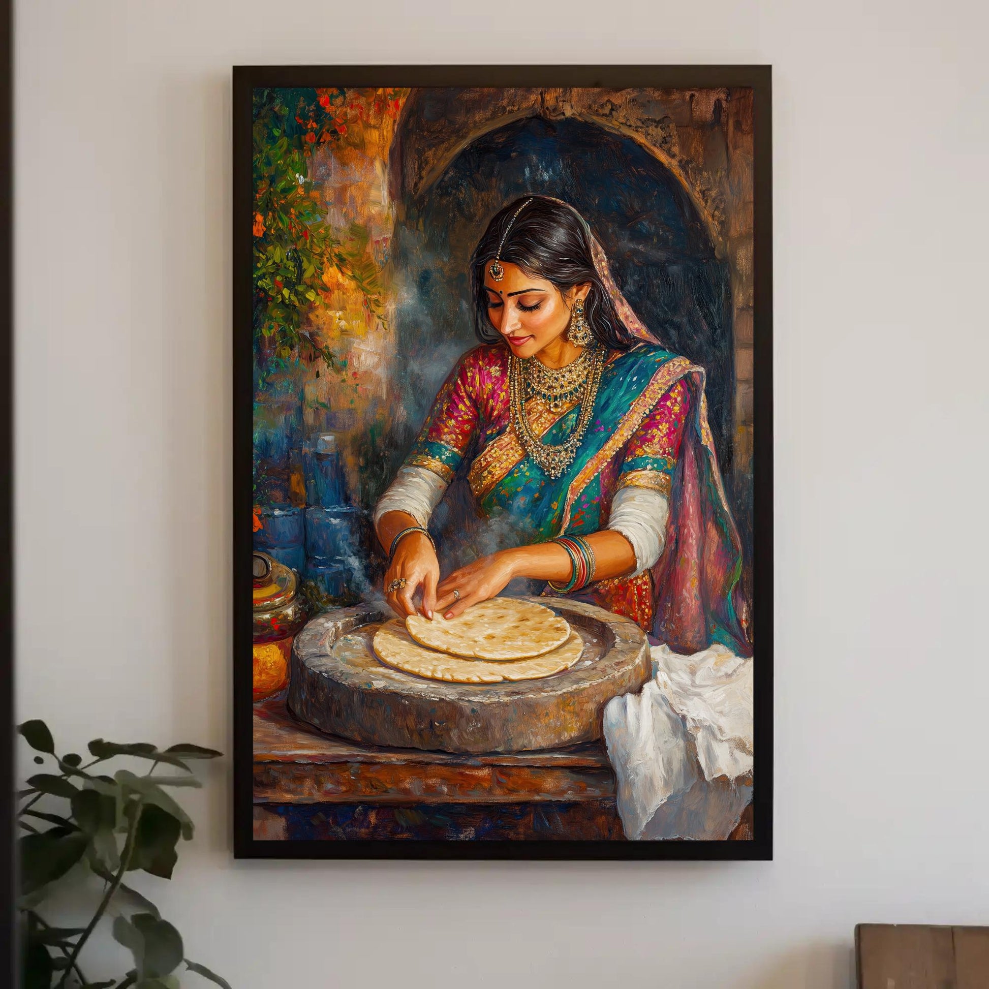 Indian Woman Roti Canvas Print, Traditional Desi Kitchen Wall Art