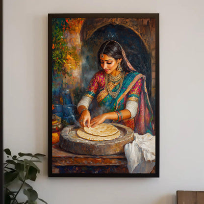 Indian Woman Roti Canvas Print, Traditional Desi Kitchen Wall Art