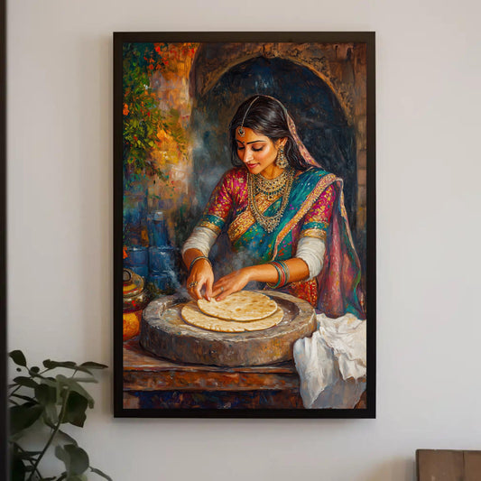 a painting of a woman making food on a table