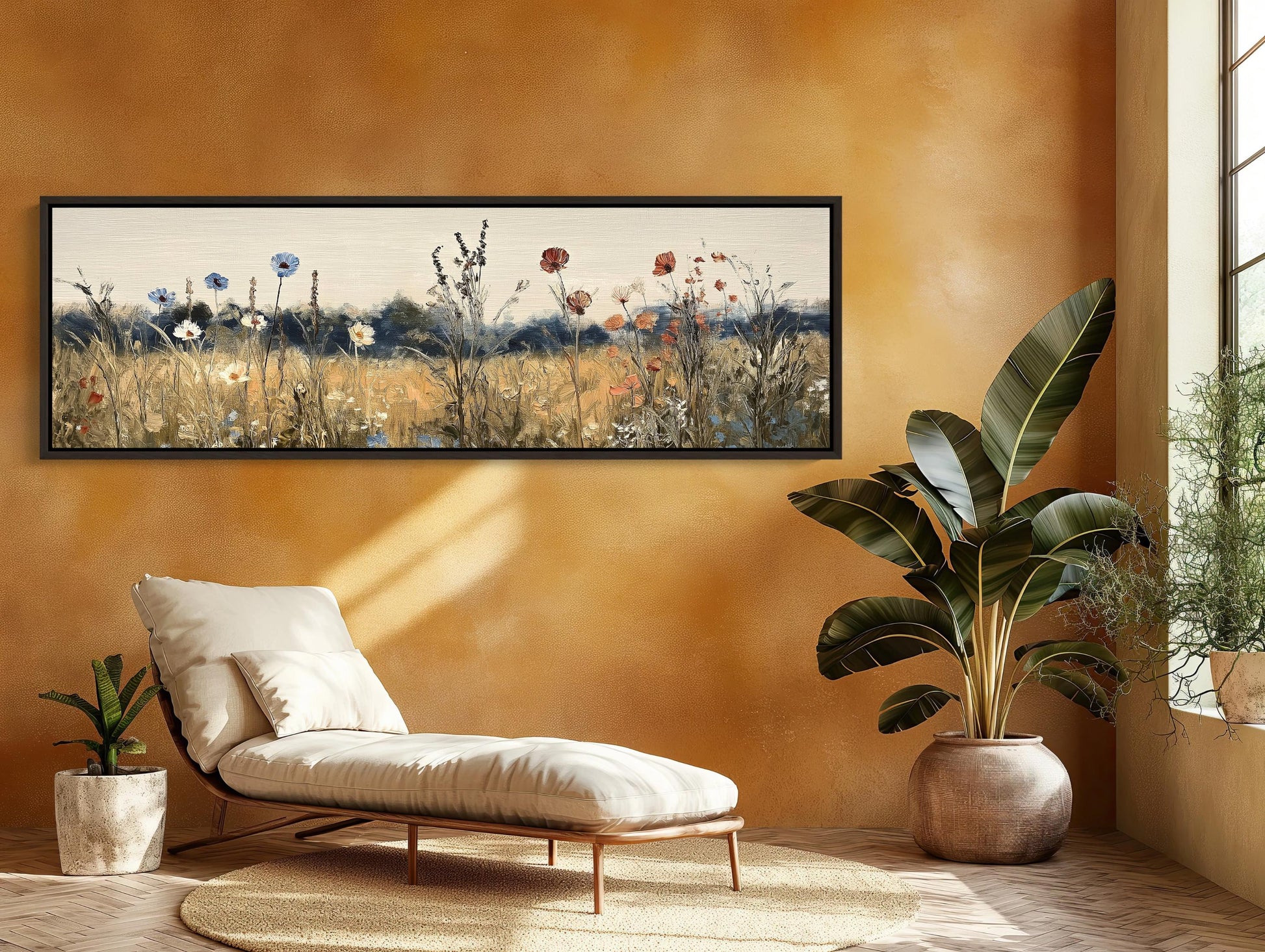 Retro Wildflowers , 70s Boho Floral canvas wall art shown in a styled interior