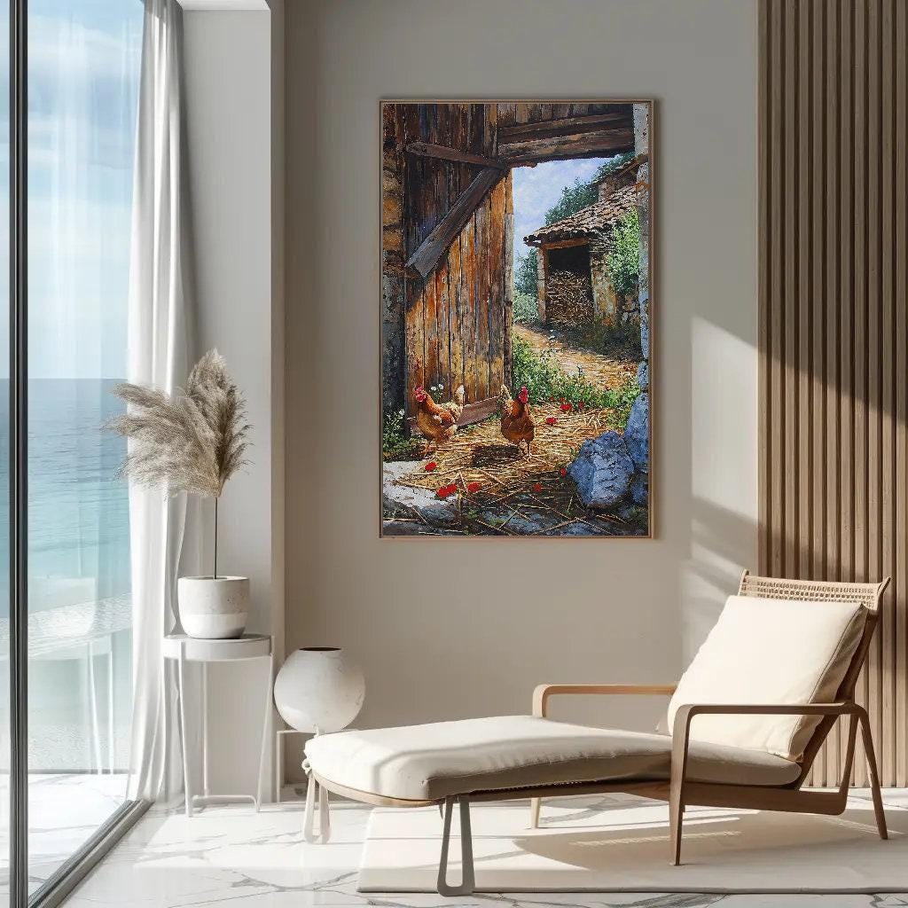 Chickens Barn canvas wall art shown in a living room