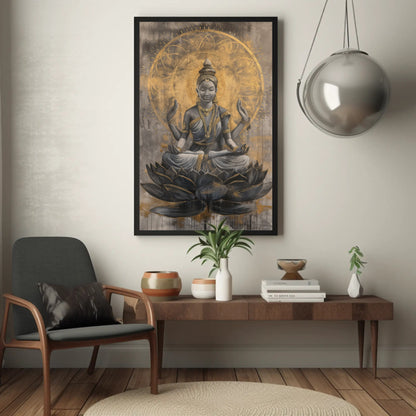 Lakshmi Gold , Hindu Prosperity canvas wall art shown above an armchair