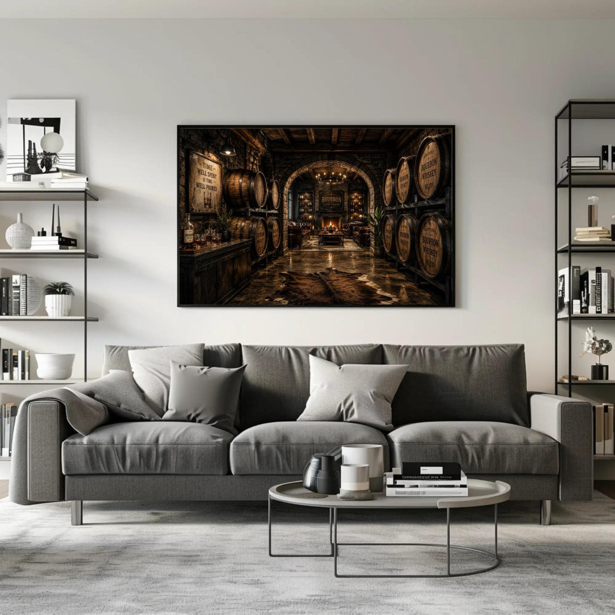a cozy living room with a gray sofa, a coffee table, and a large framed picture of a wine cellar hanging on the wall.