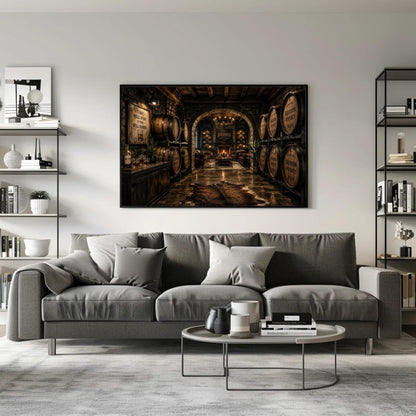 a cozy living room with a gray sofa, a coffee table, and a large framed picture of a wine cellar hanging on the wall.